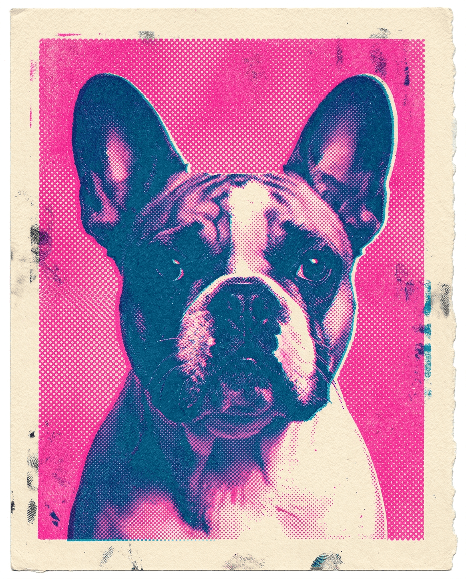 Portrait Riso print duotone d'un chien